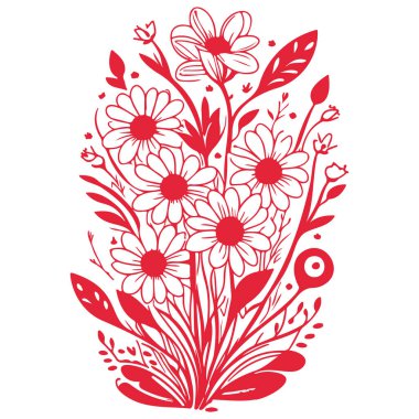 Buket Soyut Bahar Çiçekleri Kelebek illüstrasyon elementi kırmızı