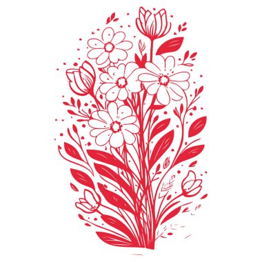 Buket Soyut Bahar Çiçekleri Kelebek illüstrasyon elementi kırmızı