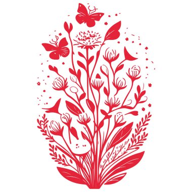 Buket Soyut Bahar Çiçekleri Kelebek illüstrasyon elementi kırmızı