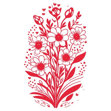 Buket Soyut Bahar Çiçekleri Kelebek illüstrasyon elementi kırmızı