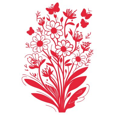 Buket Soyut Bahar Çiçekleri Kelebek illüstrasyon elementi kırmızı