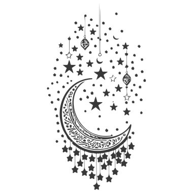 asılı ay yıldızı Ramazan çizimi gri