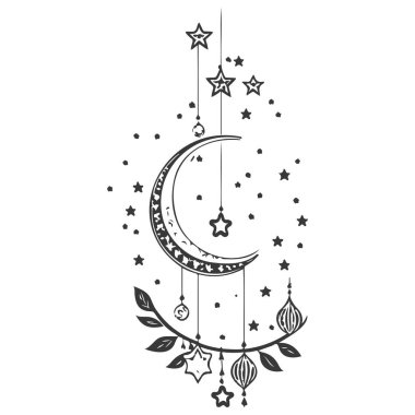 hanging moon star Ramadan illustration sketch grey clipart