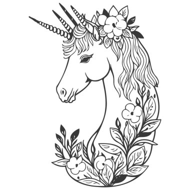 Çiçekli bahar illüstrasyonlu boho unicorn çizimi gri