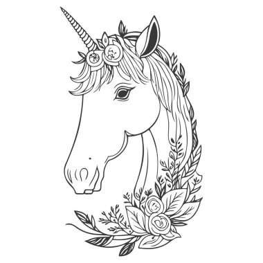 Çiçekli bahar illüstrasyonlu boho unicorn çizimi gri