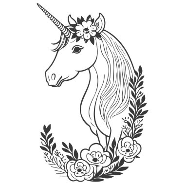 Çiçekli bahar illüstrasyonlu boho unicorn çizimi gri