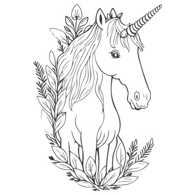 Çiçekli bahar illüstrasyonlu boho unicorn çizimi gri