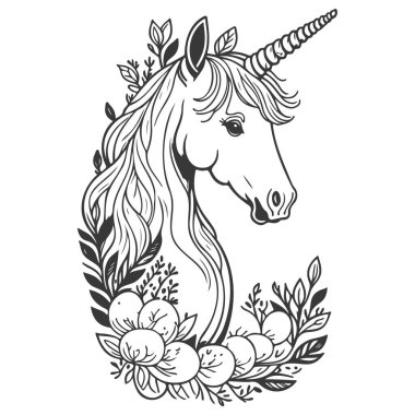 Çiçekli bahar illüstrasyonlu boho unicorn çizimi gri