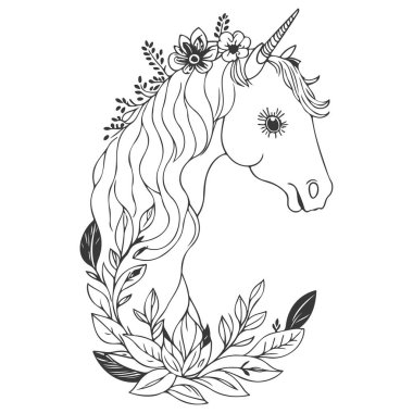 Çiçekli bahar illüstrasyonlu boho unicorn çizimi gri