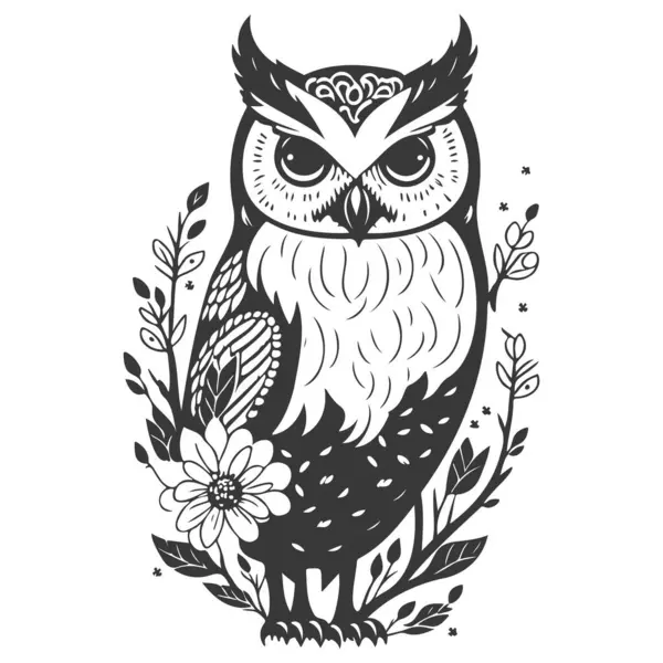 stock vector animal owl brave with floral spring illustration sketch grey