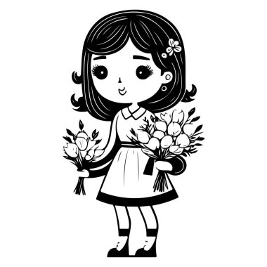 Bir buket çiçek tutan bir kız. Sevgililer Günü çizimi. El çizimi elementi.