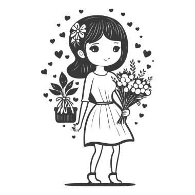 Bir buket çiçek tutan kız sevgililer günü çiçekli çizim çizimi gri