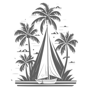 yelken ve palmiye ağacı çizim elementi gri
