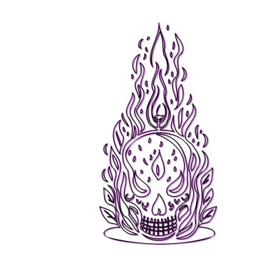 Burning skull line art illustration with flames clipart