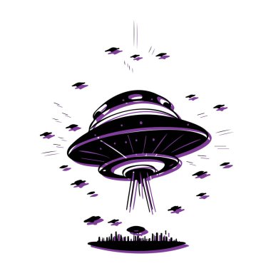 UFO Kaçırma İllüstrasyonu. Uzaylı istilası, bilim kurgu ve gizem kavramı.