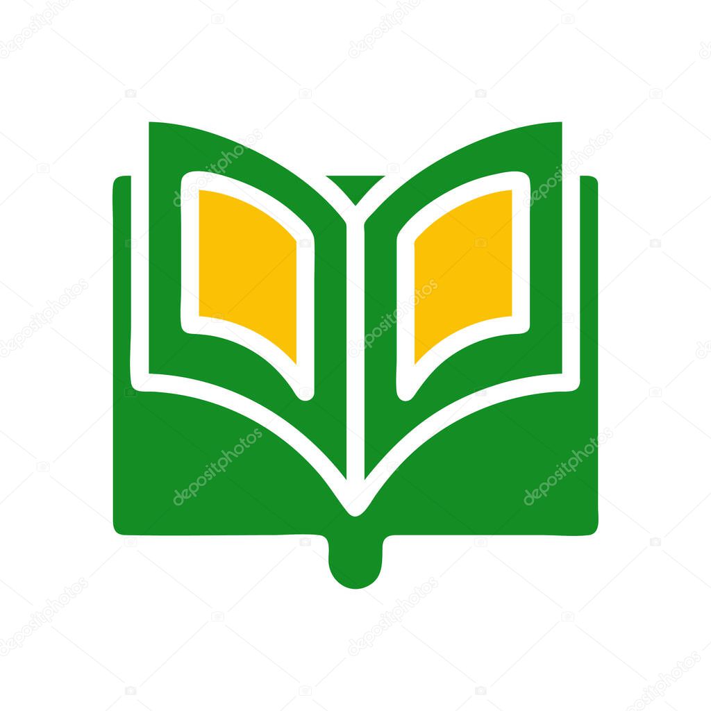 Green and Yellow Open Book Logo. Concept of Education, Knowledge, and Learning.