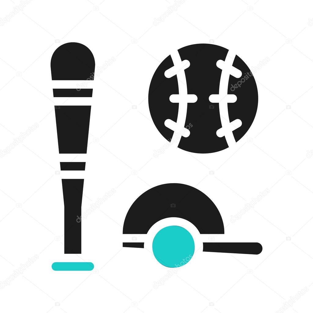 Baseball equipment icons. Bat, ball, and glove.
