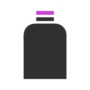 Mor şapkalı koyu gri bir şişe. Ürün ambalajlama, kozmetik veya temel petrol kavramı.
