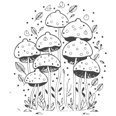 Cute Hand Drawn Mushrooms with Leaves and Floral Elements clipart