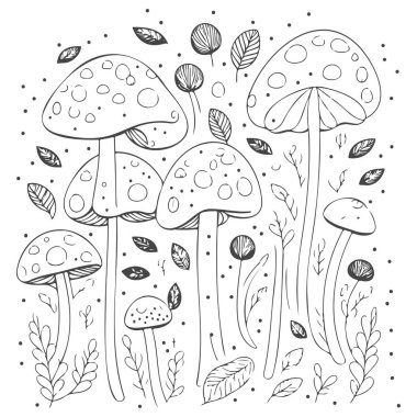 Hand drawn illustration of mushrooms and leaves clipart