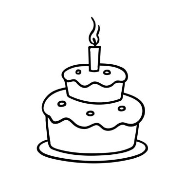 A black and white line drawing of a two tiered cake with one lit candle on top. clipart