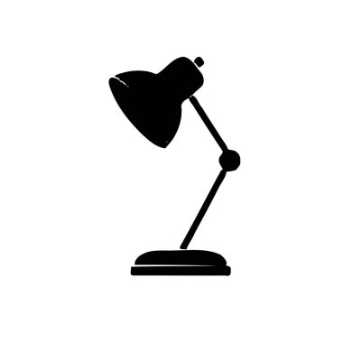 Beyaz arka planda siyah bir masa lambası silueti. Lambanın ayarlanabilir bir kolu ve dairesel tabanı var..