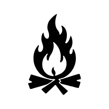 Siyah bir kamp ateşi silueti. Beyaz arka planda tahta kütüklerin üzerinde alevler var..