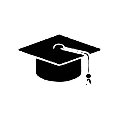 Mezuniyet şapkasının siyah bir silueti beyaz arka planda sergilenir.