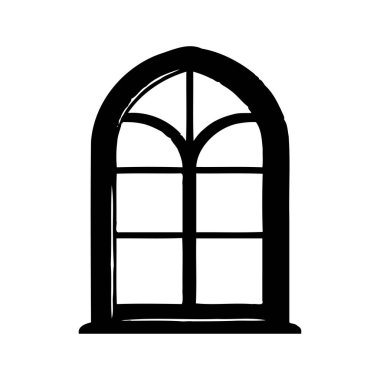 Izgarası olan siyah kemerli bir pencere. Mimari tasarım ve daha fazlası için izole edilmiş basit vektör çizimi.