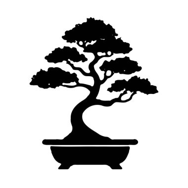 Tenceredeki bonsai ağacının siyah silueti, beyaz bir arka planda izole edilmiş..