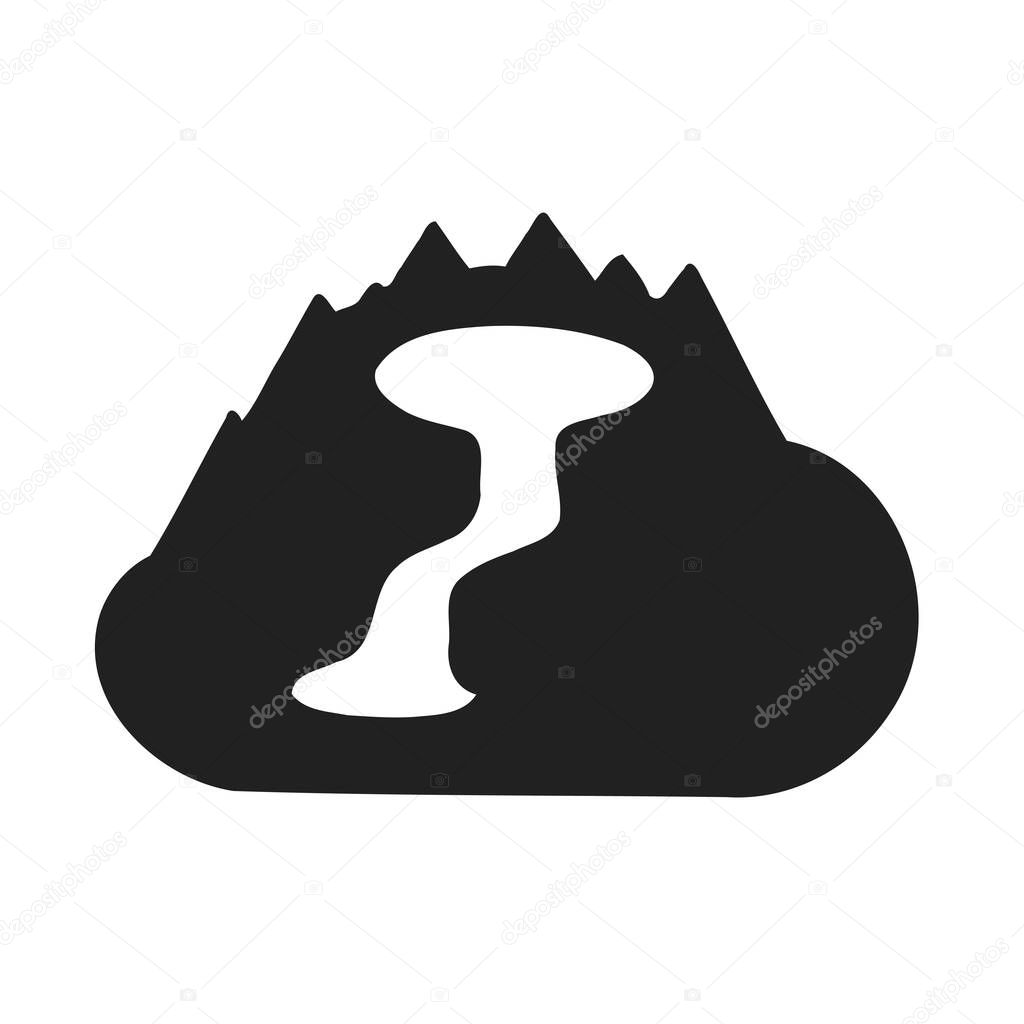 A black and white icon of a mountain with a river flowing down from the top.