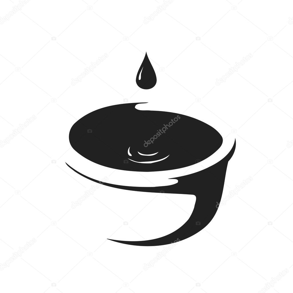 A black graphic illustration of a liquid drop and a round container.