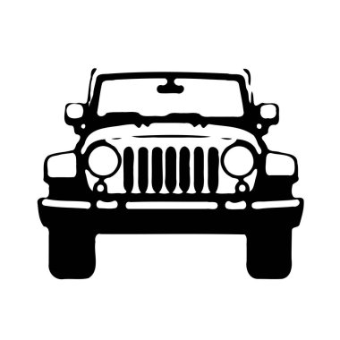 A black and white silhouette of a jeep facing forward, isolated on a white background. clipart