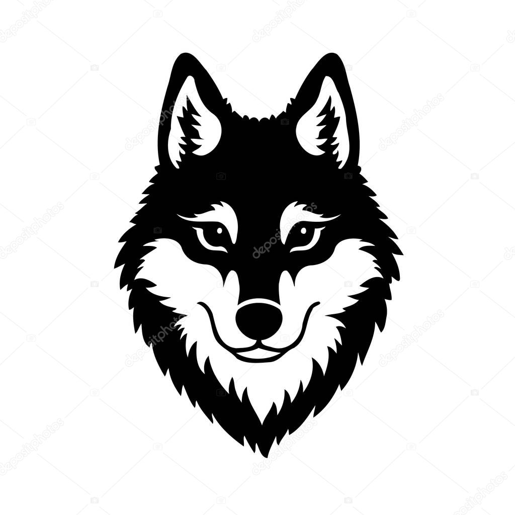 A striking black and white silhouette of a wolf's head, ideal for logos, prints, or designs.