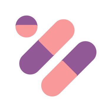 Hapların, iki kapsül ve bir tabletin, pembe ve mor renkli, beyaz arkaplanda minimalist bir çizimi..