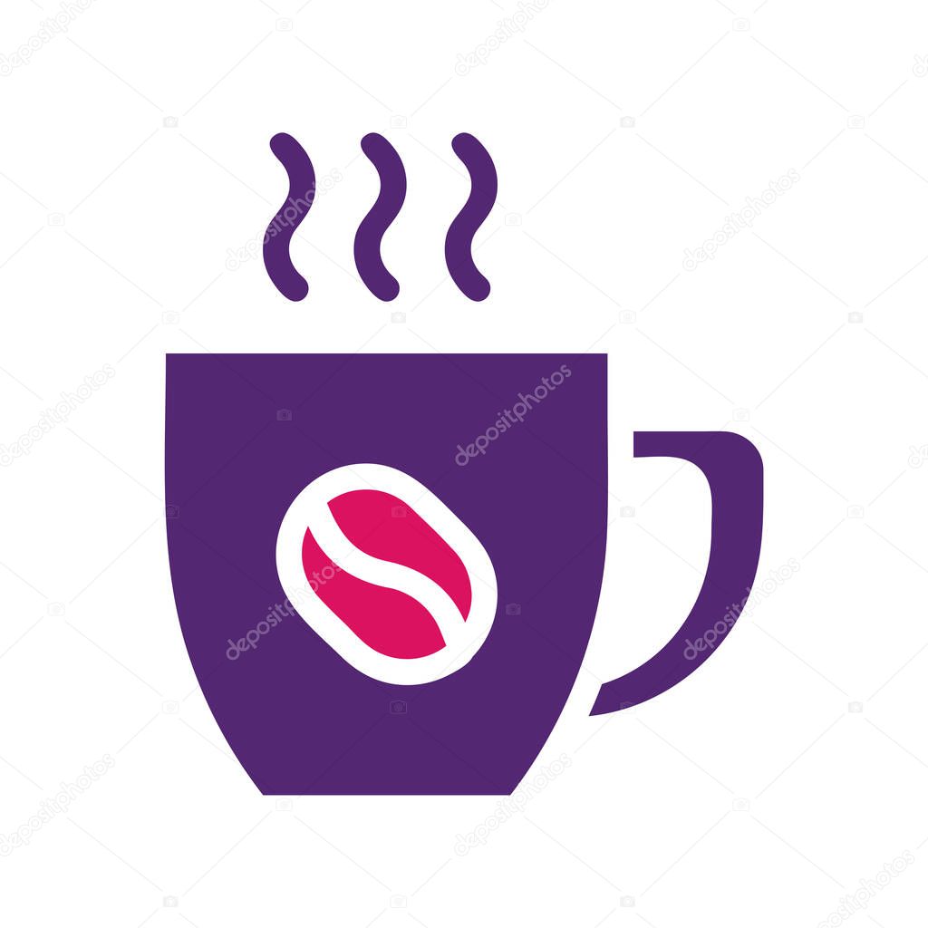 A purple coffee cup with a coffee bean icon and steam, designed with a flat, minimal style