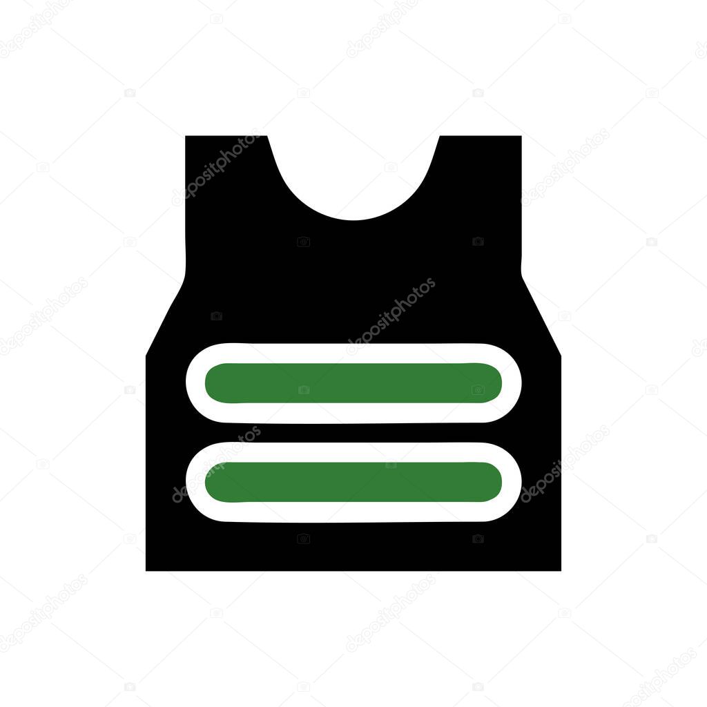 A stylized icon of body armor, black with two horizontal green stripes, conveying security or tactical equipment. Design for safety or law enforcement topics.