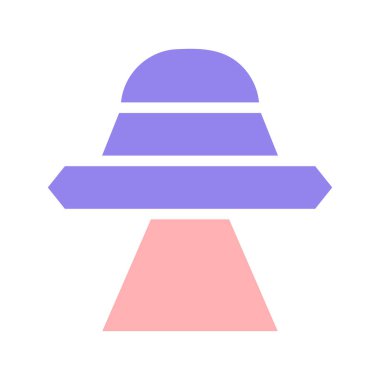 Pastel renklerde bir UFO 'nun minimalist bir simgesi, beyaz bir arka planda izole edilmiş. Bilim kurgu kavramları için uzay aracı.