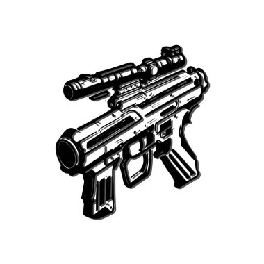 A stylized illustration of a futuristic blaster gun on a clean, white background. Its design evokes science fiction and technology. clipart