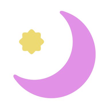 Sarı bir yıldızla eşleştirilmiş menekşe hilal şeklindeki minimalist grafik çizim, barışçıl kozmik güzellik ve rüya gibi geceler hissi uyandırıyor..