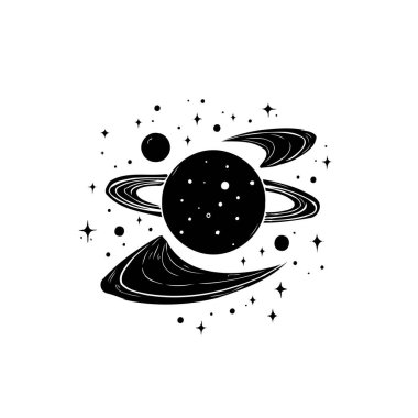 Göksel bir sistemi tasvir eden karmaşık bir monokrom tasarımı. Gezegenler, halkalar ve kozmik toz uzay ve astronominin harikalarının bir göstergesi olarak sergilenir..