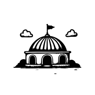 Merkezi kubbesi, bayrağı ve bulutları olan soyut bir binanın sanatsal monokrom çizimi. Geometrik yapı ve sanatsal stili yakalayan kavramsal bir tasarım..