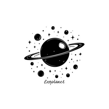 Tek renkli bir illüstrasyon yıldızlarla ve kozmik kalıntılarla kaplanmış bir dış gezegen tasvir eder ve şeklinin etrafında farklı bir yörünge halkası oluşturur. Astronomik veya eğitici amaca uygun.