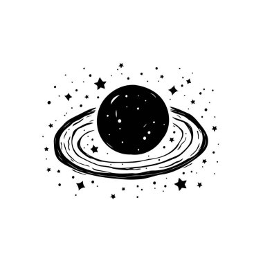 Tek renkli çizim, bir halka şeklinde çevrelenmiş, yıldızlı beneklerle dağılmış, astronomi tasarımı, sanat baskıları veya yaratıcı projeler için ideal, temiz bir arkaplan üzerinde tek renkli bir bedene sahip..
