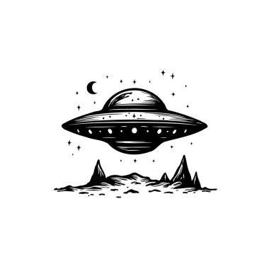 Bir stilize monokrom illüstrasyonu gece dağlık bir manzaranın üzerinde süzülen bir UFO sunar. Çizimin klasik, eskiz benzeri bir kalitesi var. Bu da keşif ve diğer dünyalarla karşılaşmaları akla getiriyor..