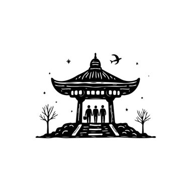 Bir minimalist siyah beyaz resimde Asyalı esinlenilmiş, siluetli figürlerin girdiği, barışçıl ve ruhani bir atmosfer yaydığı, seyahat veya kültürel keşfi simgeleyen bir pagoda sergileniyor..