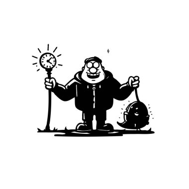 Tuhaf bir karikatür çizimi, elinde parıldayan bir saat ve muzip bir gülümsemeyle küçük bir hayalet figürü tutan komik bir karakteri gösteriyor. Zamanın ve doğaüstü şeylerin tuhaf ve komik bir temsili..