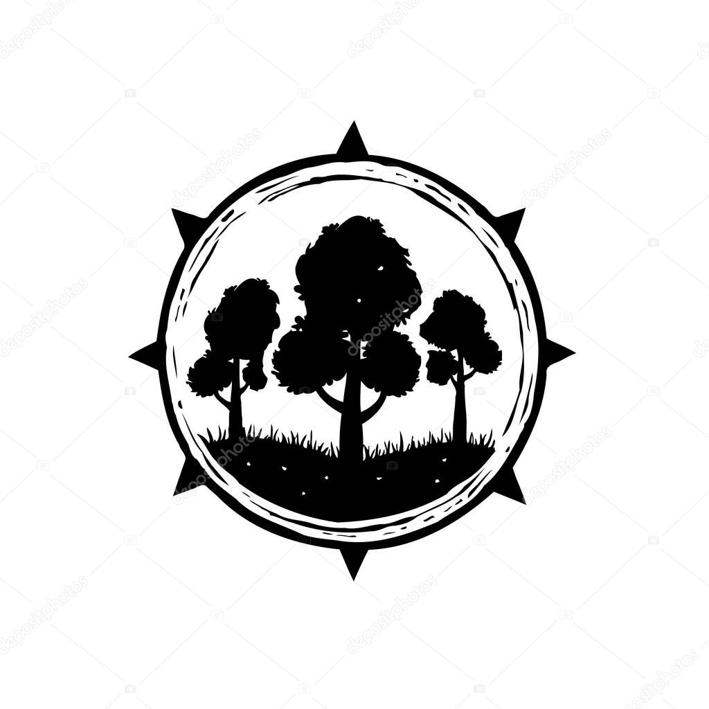 A simple monochrome vector illustration displaying tree silhouettes within a circular emblem, embellished with compass-like star shapes. Conveys nature or exploration with a minimalist aesthetic.