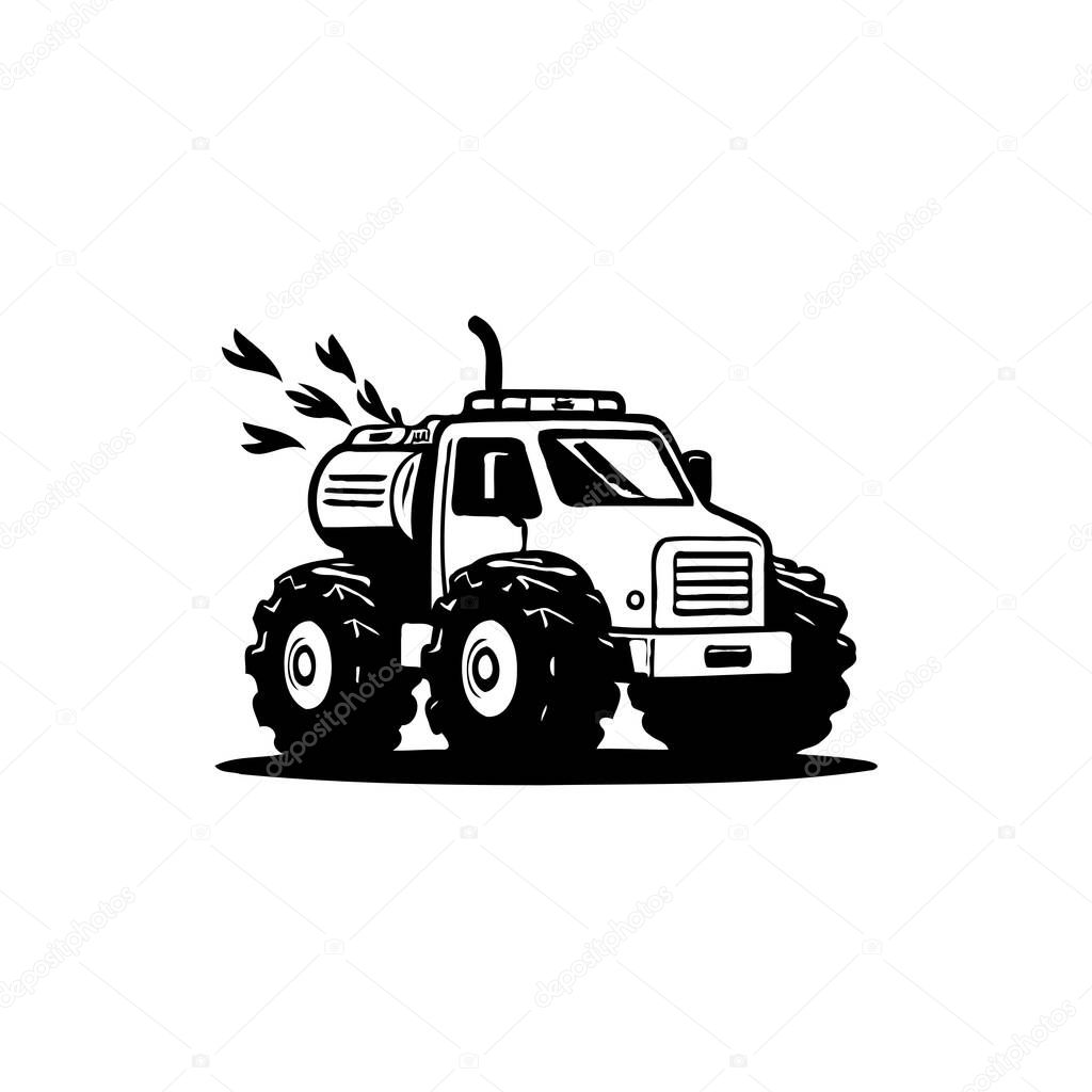 Stylized cartoon depicting a water truck with exaggerated features and huge tires, presented in a simple black and white illustration style, perfect for logo creation or children's media.