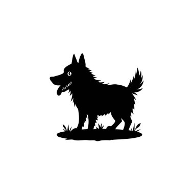 Koyu siyah bir siluet, bir köpek tasvir eder, belli belirsiz bir kurt gibi, küçük bir çimlerin üzerinde duran beyaz bir arkaplan. Görüntünün katıksız basitliği onun grafik doğasını vurgular..